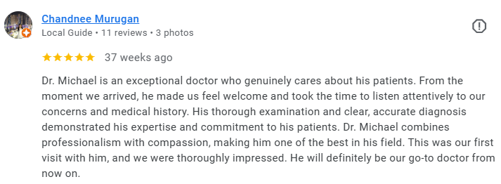 Screenshot of a Yelp review for Dr. Michael, describing him as an attentive and professional doctor. Médecin généraliste Français à Dubaï / GP / French GP / French Doctor / French family medicine