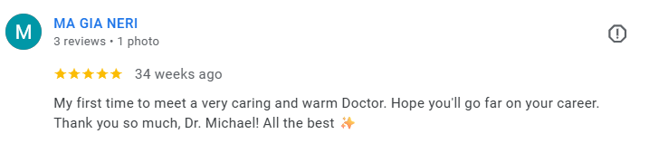 Screenshot of a Google review for Dr. Michael, praising his caring nature and wishing him well in his career. Médecin généraliste Français à Dubaï / GP / French GP / French Doctor / French family medicine