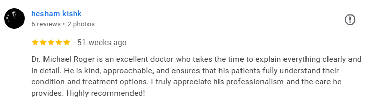 Screenshot of a Google review for Dr. Michael Roger, praising his clear explanations, kindness, and professionalism. Médecin généraliste Français à Dubaï / GP / French GP / French Doctor / French family medicine