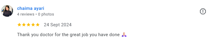 Screenshot of a positive Google review by Chaiima Avari, dated September 24, 2024, thanking a doctor for their great job. Médecin généraliste Français à Dubaï / GP / French GP / French Doctor / French family medicine