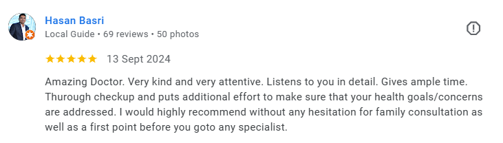 Screenshot of a Google review by Hasan Basri for a doctor, dated September 13, 2024, highlighting positive feedback about attentive care and thorough checkups. Médecin généraliste Français à Dubaï / GP / French GP / French Doctor / French family medi