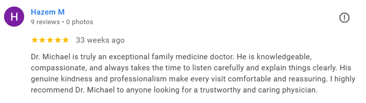Screenshot of a Google review for Dr. Michael, praising his family medicine skills, kindness, professionalism, and caring attitude. Médecin généraliste Français à Dubaï / GP / French GP / French Doctor / French family medicine