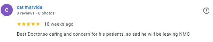 Screenshot of a Google review for a veterinarian named Cat Marvidia. The review has five stars and mentions that the doctor is caring and concerned, but will be leaving NMC. Médecin généraliste Français à Dubaï / GP / French GP / French Doctor / Fren