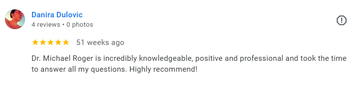 Screenshot of a review by Danira Dulovic praising Dr. Michael Roger for being knowledgeable, positive, professional, and attentive. Médecin généraliste Français à Dubaï / GP / French GP / French Doctor / French family medicine