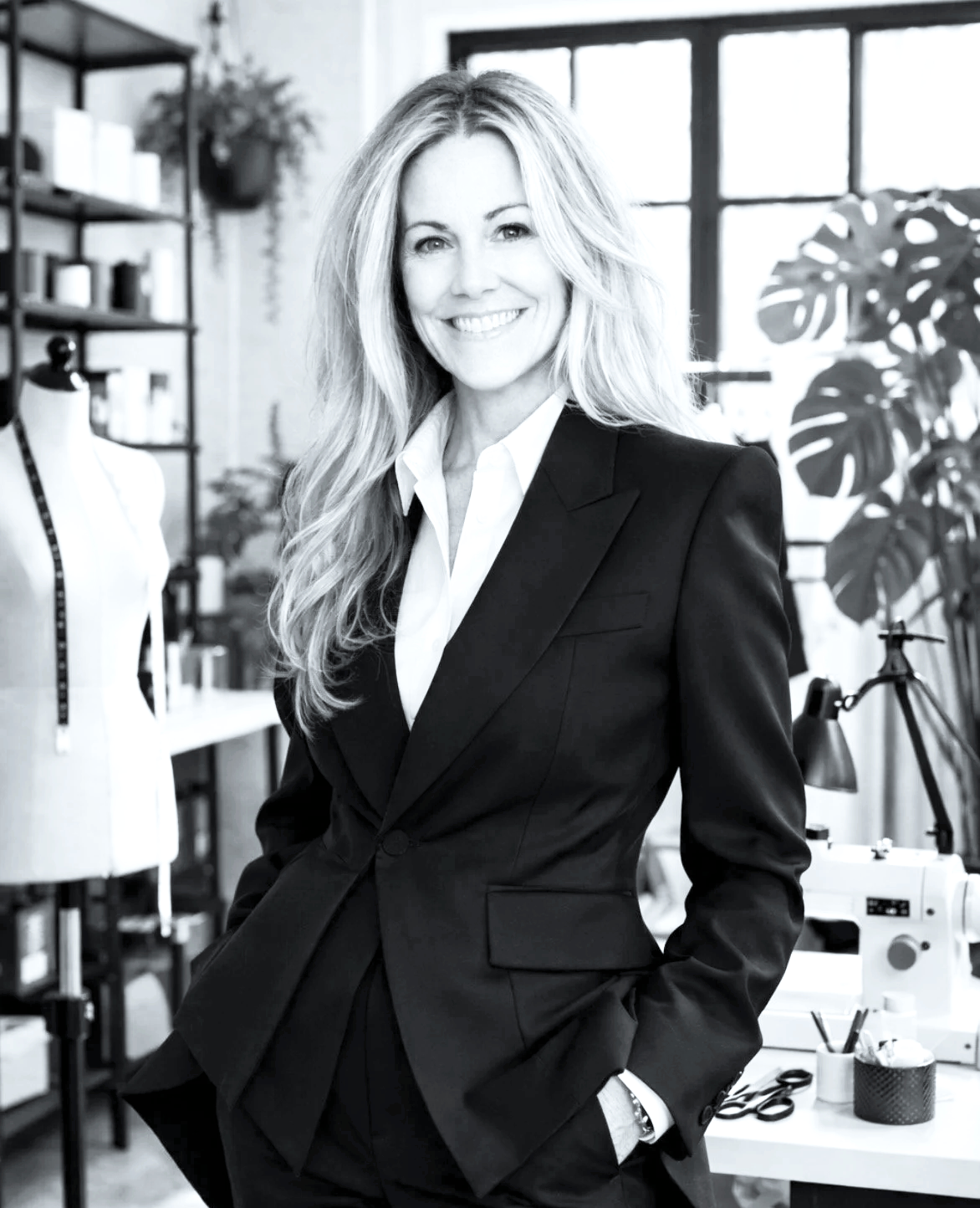 A woman in a business suit smiling in a workspace with mannequin, plants, sewing tools, and large windows in the background.