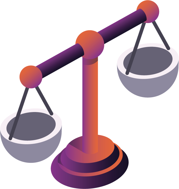 An isometric illustration of a balance scale with two pans hanging from a central beam.
