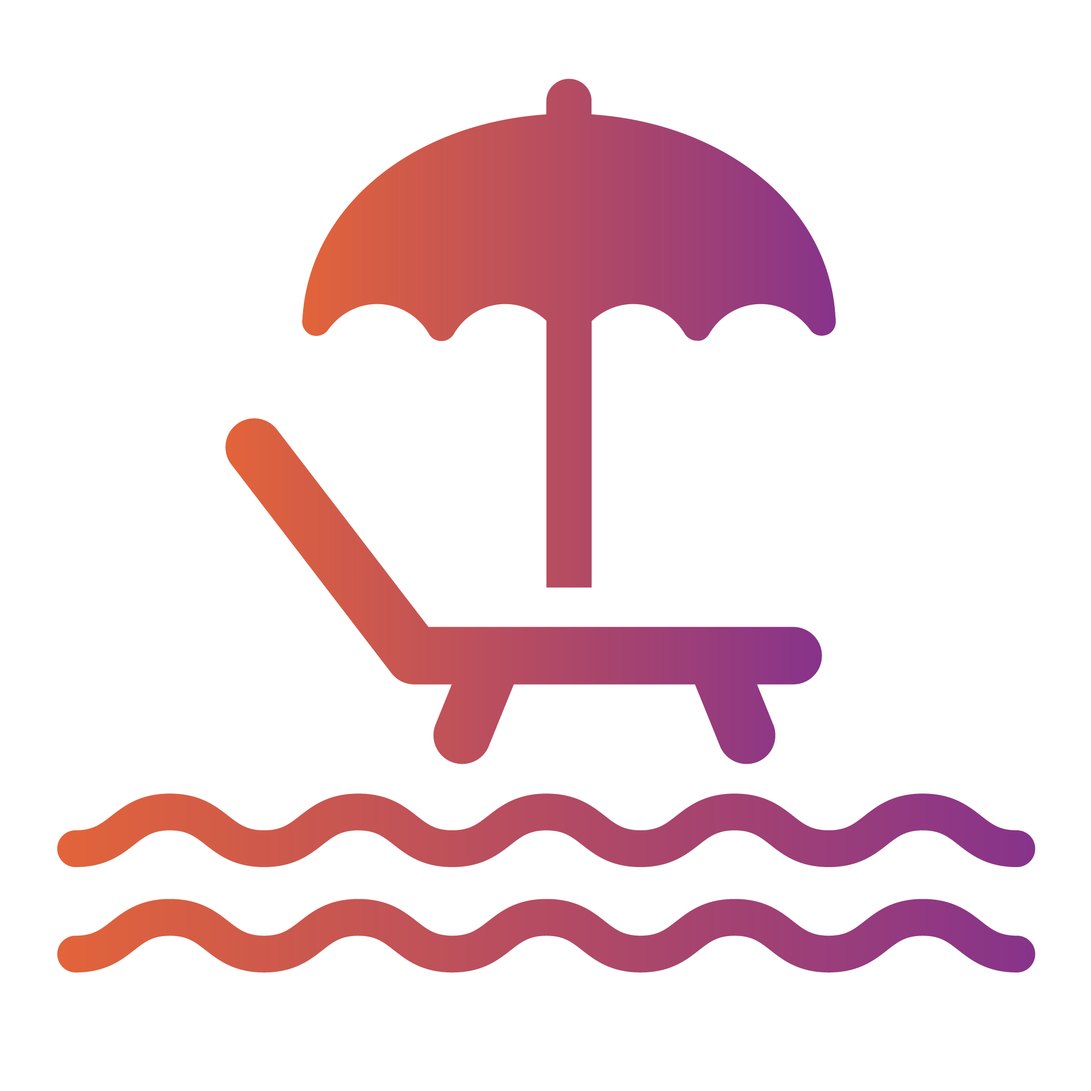 Gradient outline of a beach scene with a beach chair, umbrella, and wavy lines representing water.