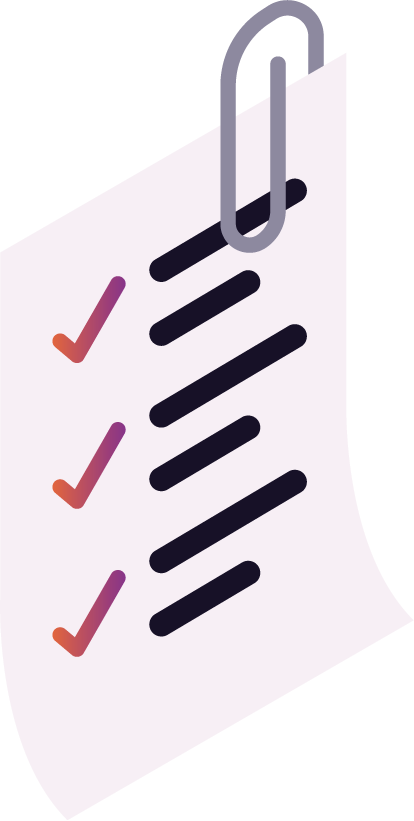 A checklist on a white paper with three items marked with orange checkmarks, attached to a gray paperclip.