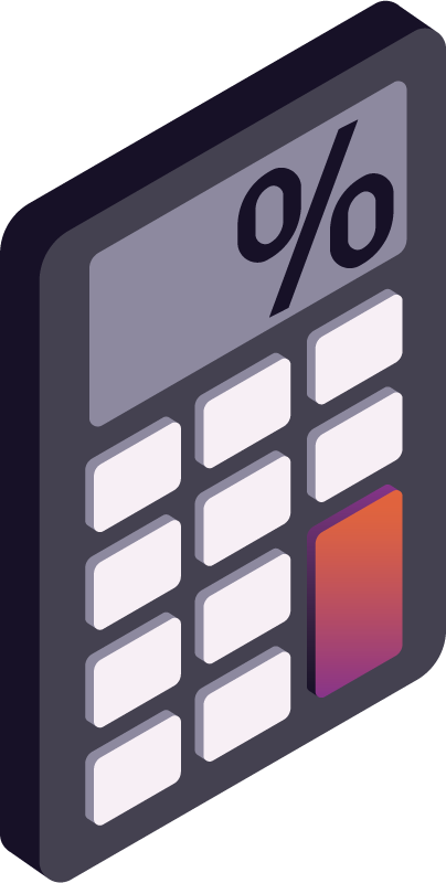 Isometric illustration of a financial calculator with a percentage symbol on the screen and multiple buttons.