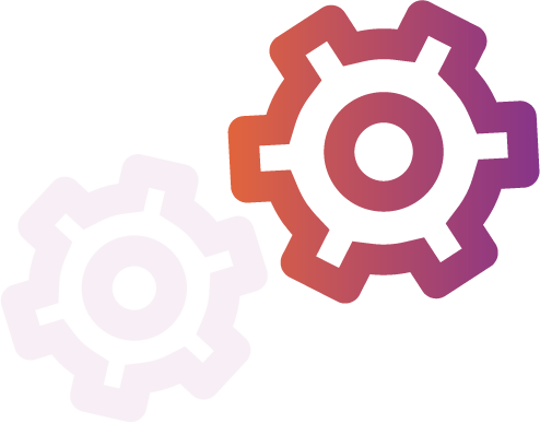 Colorful abstract design with five overlapping rounded shapes in black, white, orange, purple, and dark purple.