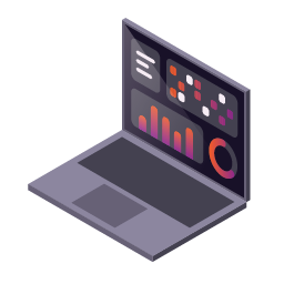 Illustration of a laptop displaying data charts and graphs on the screen.
