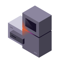 Illustration of a vintage video game console with a controller, in gray color with some orange and purple accents.