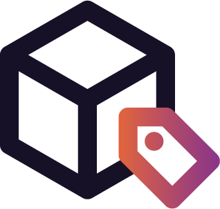 A minimalist icon of a black cube with a price tag attached.