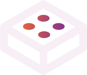 A 3D isometric illustration of a white cubic box with six colored dots inside