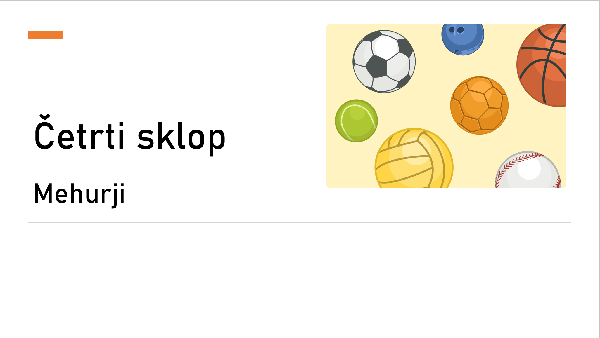 Cover of a book or educational material with the title in Croatian 'Četri sklop' by Mehuri, featuring illustrations of various sports balls including a soccer ball, basketball, tennis ball, volleyball, and others.
