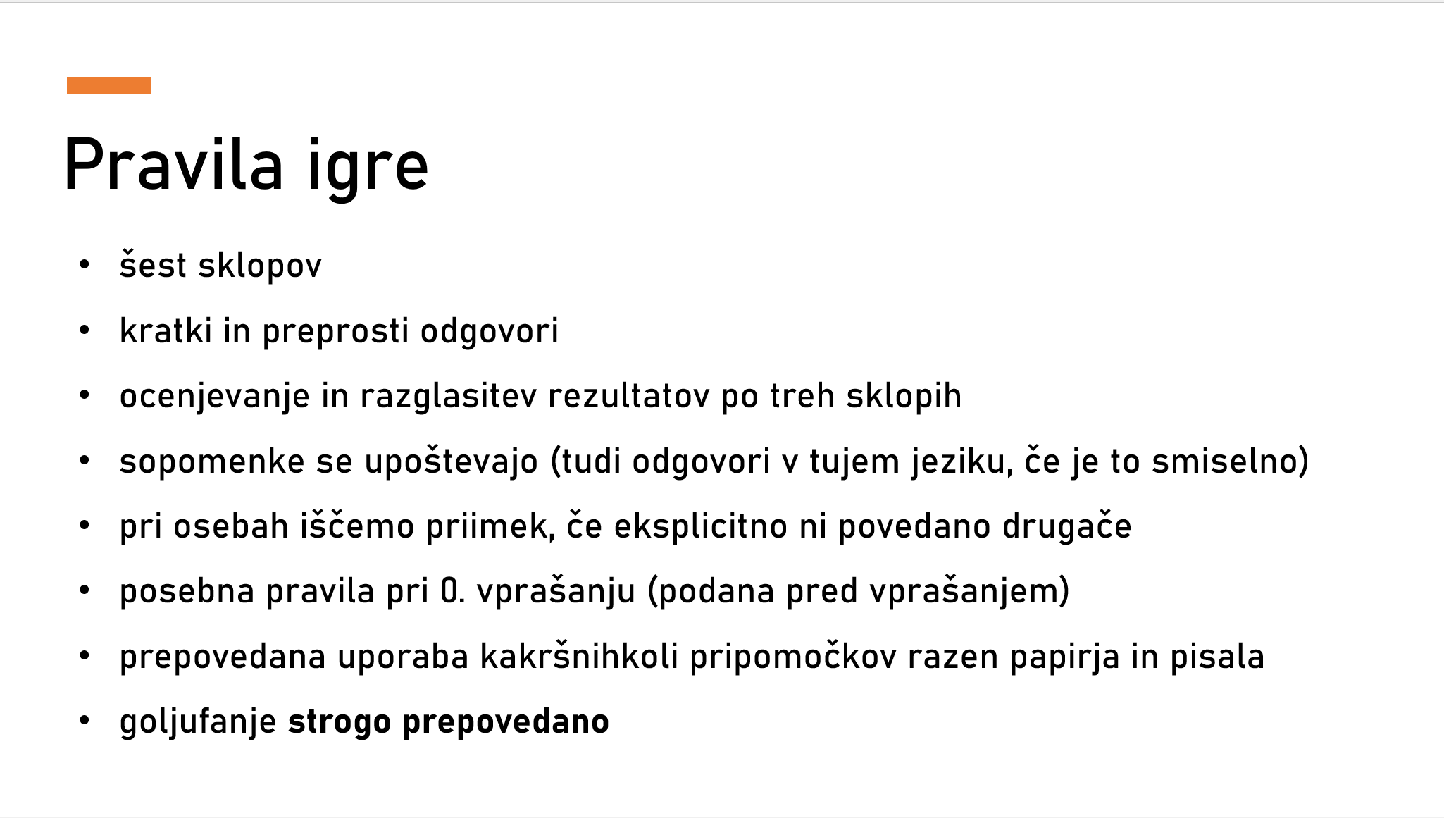 A presentation slide with the title 'Pravila igre' written in bold, containing bulleted instructions in Slovenian about game rules.