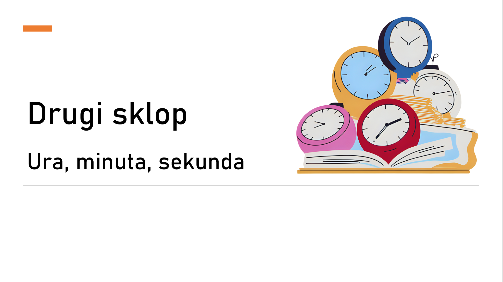A book with several clocks on and around it, showing different times. Text in Indonesian reads "Second hand" and "Hour, minute, second."