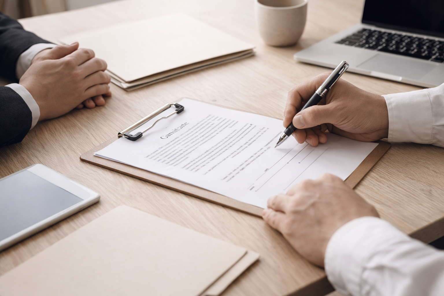 Deux personnes en tenue professionnelle signent un document, qui semble être un contrat ou un formulaire, posé sur une table en bois.