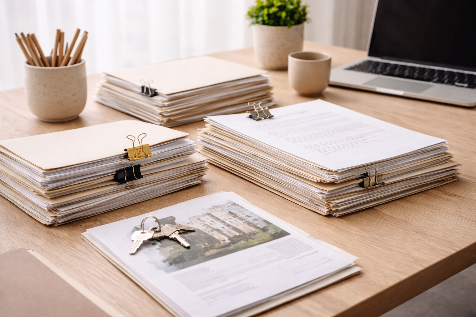 Grand bureau avec plusieurs piles de papiers, fiches et dossiers attachés avec des trombones, un ordinateur portable, une tasse, un pot à crayons et une petite plante