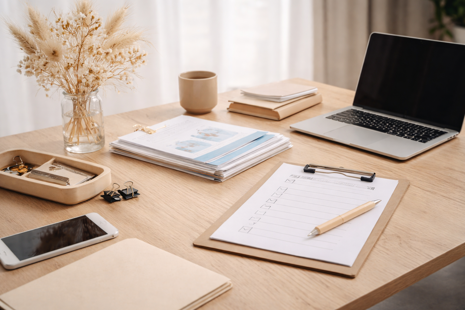 Un bureau en bois clair avec des documents, un ordinateur portable, une tasse, un smartphone, un vase avec des fleurs séchées, et des fournitures de bureau.