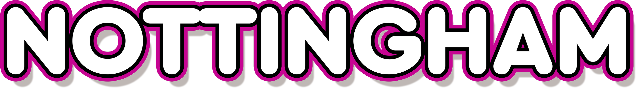 The word 'NOTTINGHAM' written in large, bold, white letters with black and purple outlines.