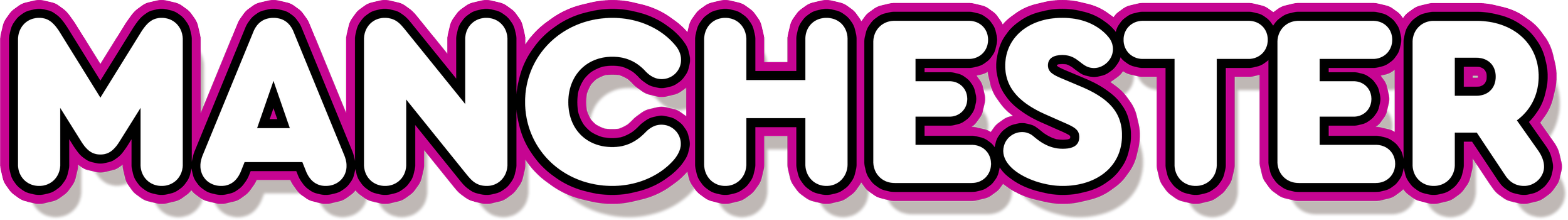 Graphic design of the word "MANCHESTER" in large, bold white letters with a black outline, surrounded by a purple border.