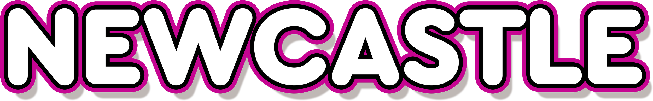 Bold white text with black outline and pink shadow reading 'NEWCASTLE'.