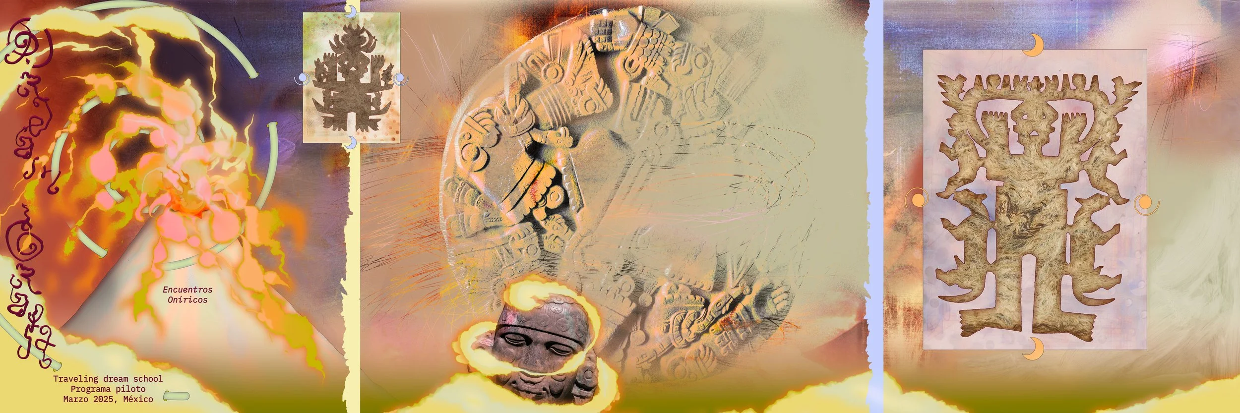 A collage of ancient Mesoamerican artifacts, carvings, and symbols with colorful and abstract background elements. The text in the image mentions 'Traveling dream school, Programa piloto, Marzo 2025, México' and 'Encuentros Oníricos'.