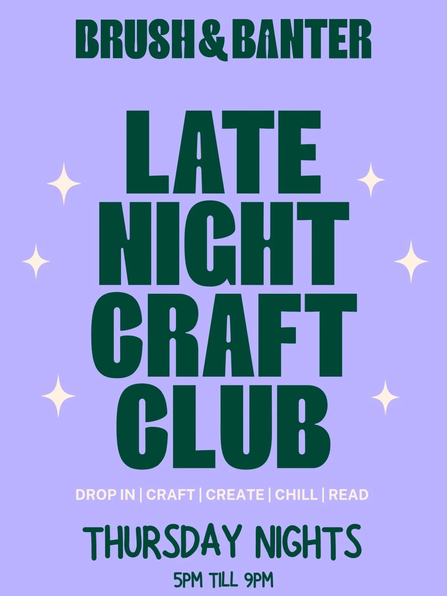 Late Night Craft Club 🪩🕺🏼

Thursday nights at Brush &amp; Banter are for getting creative and hanging out.

Drop in anytime between 5&ndash;8pm, pick something from the &agrave; la art menu, grab a seat and craft, chill or head into the Book Nook 