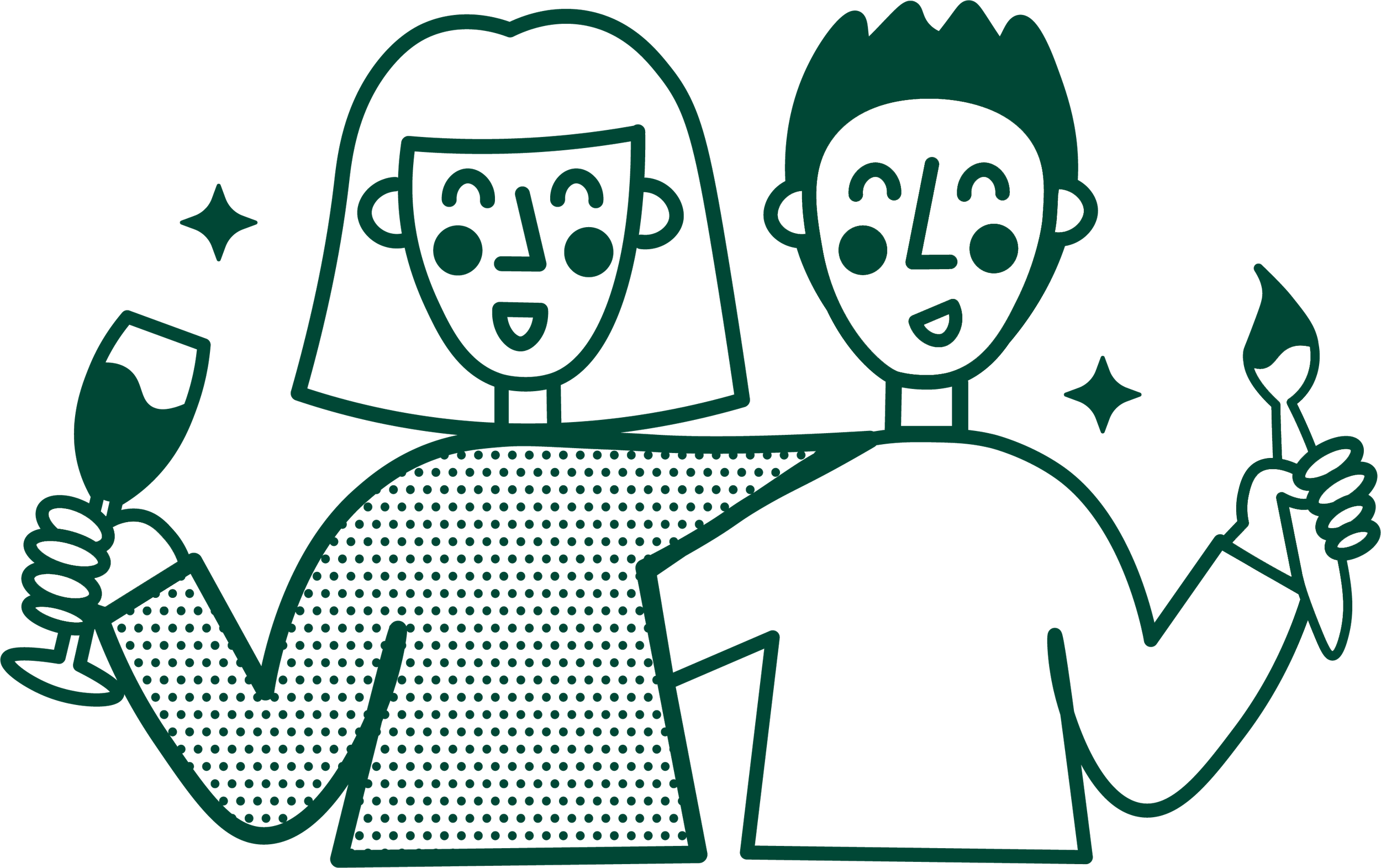 Line drawing of a happy woman and man holding glasses of wine, smiling, surrounded by stars.