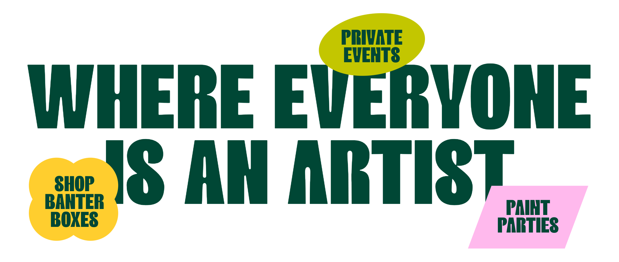 Text graphic stating 'Where everyone is an artist' with additional smaller words 'private events,' 'shop banter boxes,' and 'paint parties' in colorful shapes.