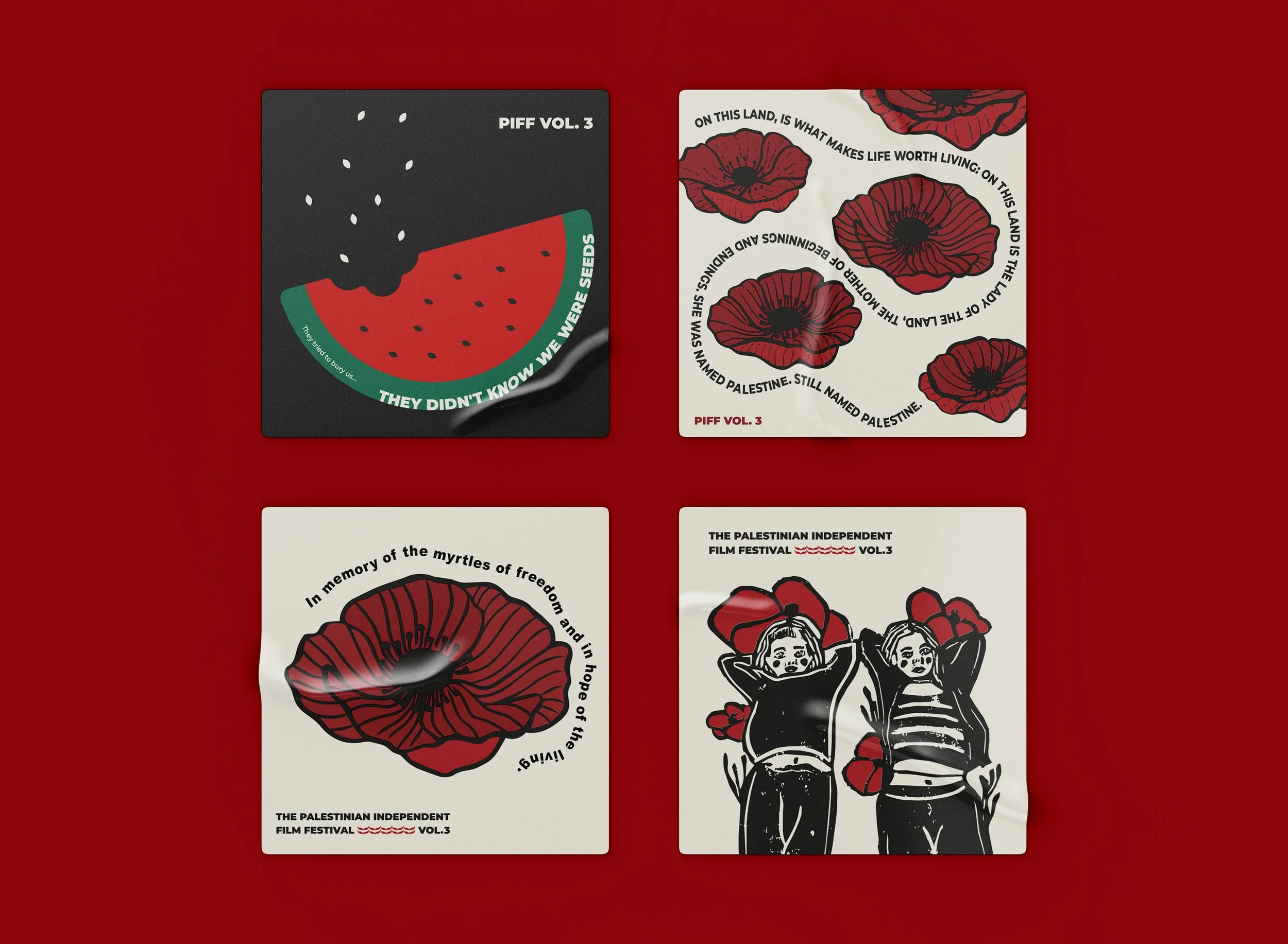 festival merch, stickers we teach life poppy flower watermelon we were seeds poem mahmoud darwish