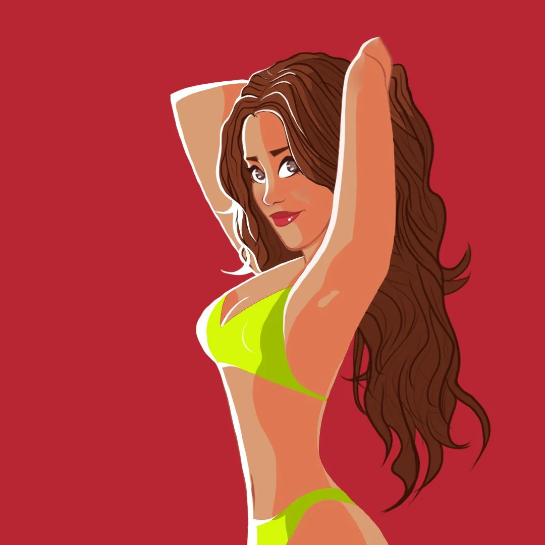 Cartoon illustration of a woman with long, wavy brown hair, wearing a lime green bikini, with arms raised behind her head, against a red background.