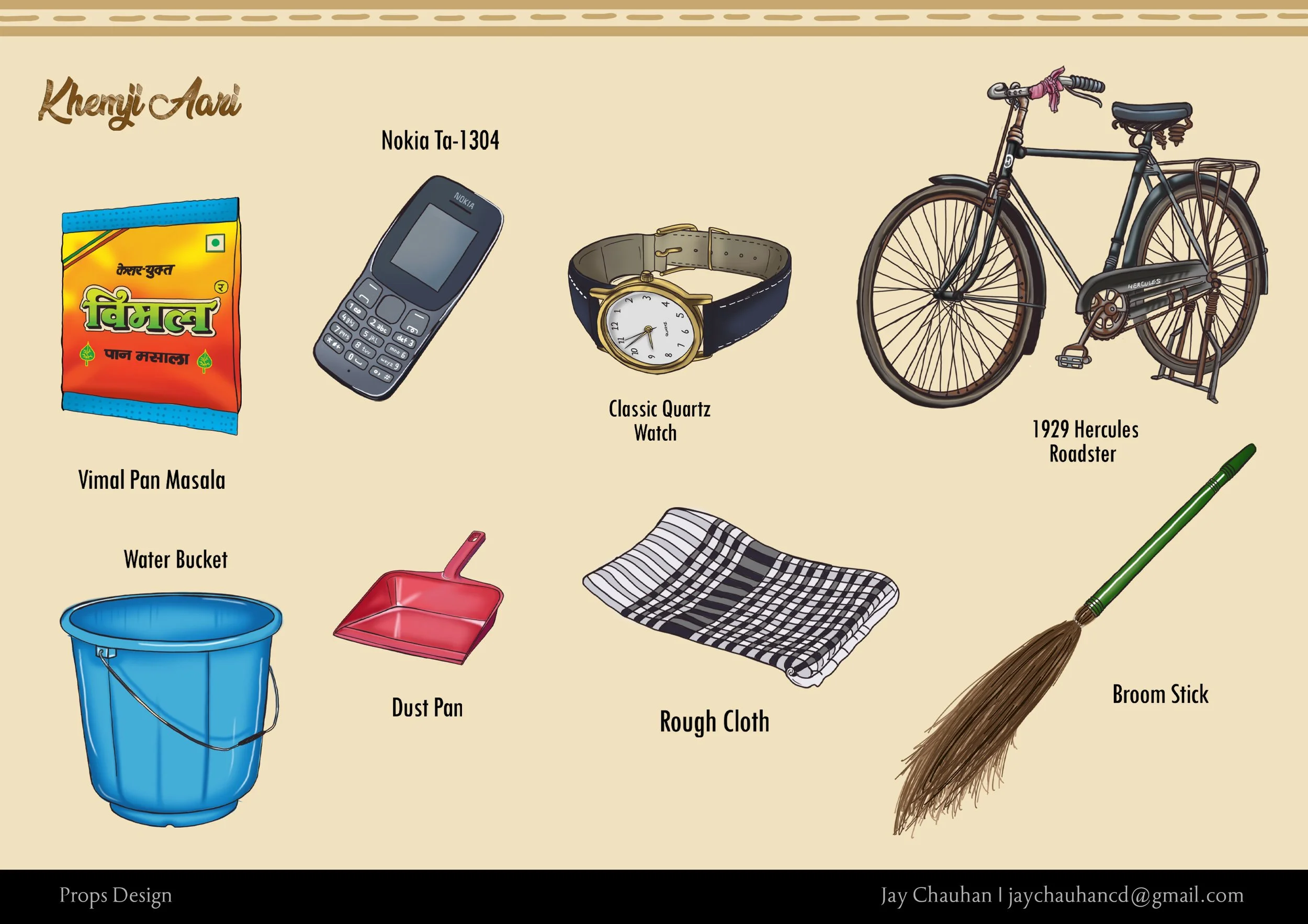 A collection of household and personal items including Vimal Pan Masala, a Nokia Ta-1304 mobile phone, a classic quartz watch, a 1929 Hercules Roadster bicycle, a blue water bucket, a red dustpan, a black and white rough cloth, and a broom stick, arranged on a beige background with the title "Kheryi Aar".