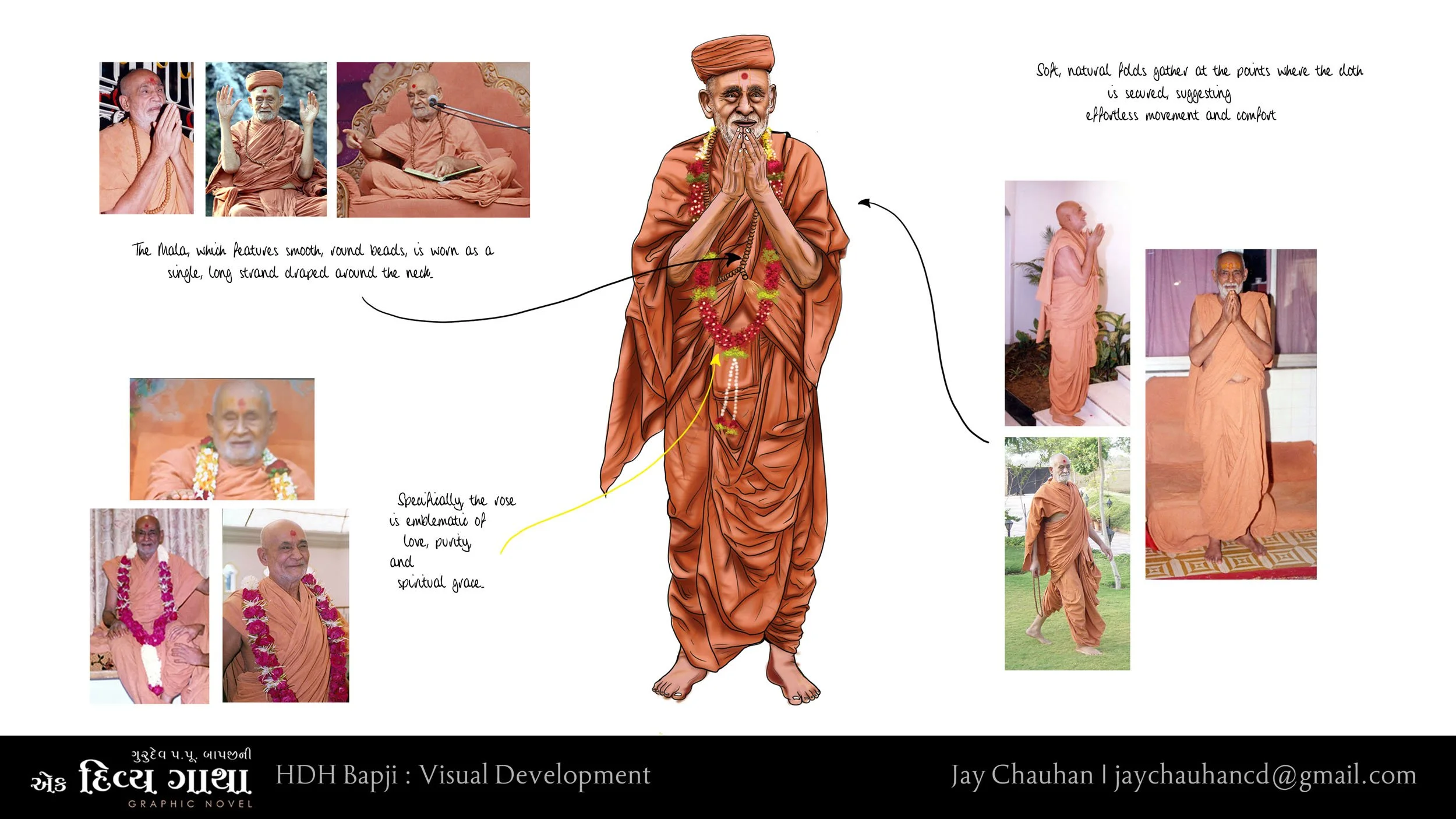Illustration of a Hindu monk dressed in saffron robes, standing with hands folded in prayer, and surrounded by various photos of him in different poses and settings, with handwritten annotations describing the significance of the Mala and the lotus flower.