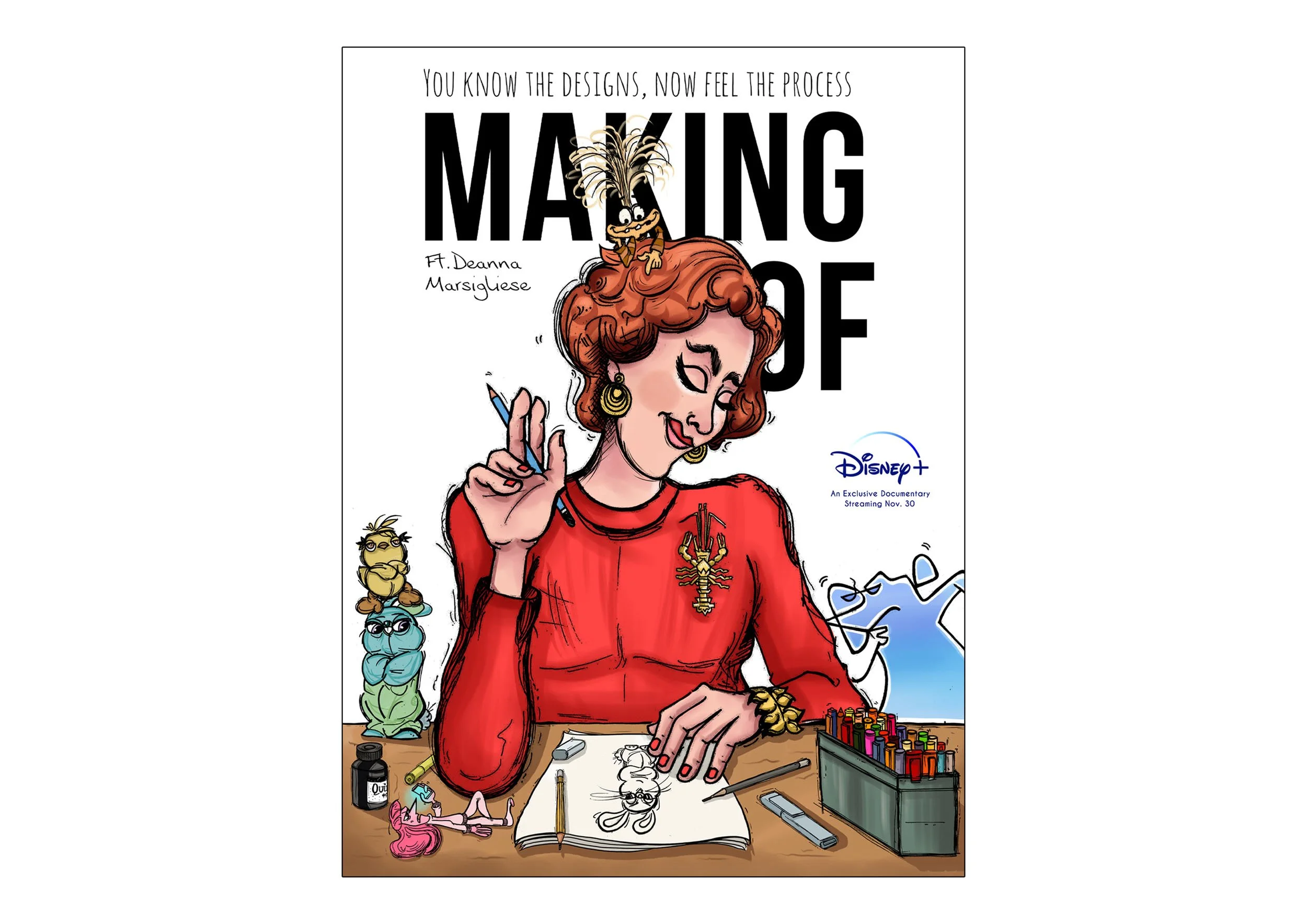 Cover of the book titled 'Making Of' featuring a woman with red hair sketching a cartoon character at a desk with art supplies, surrounded by colorful figurines and a cup of pens, with a playful character on her head.