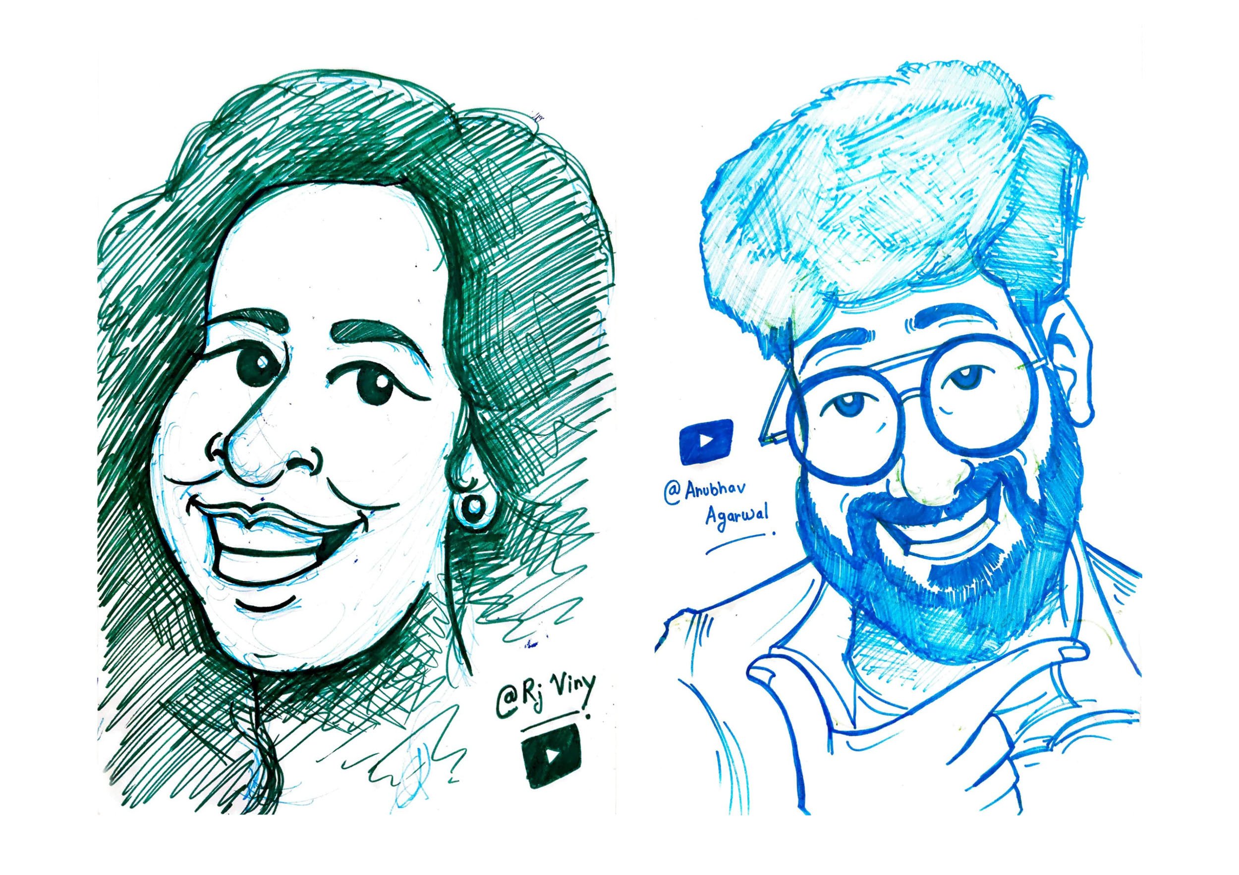 Two hand-drawn caricature portraits, one of a woman with wavy hair, earrings, and a smiling face on the left, and one of a man with glasses, a beard, and messy hair pointing his finger on the right.
