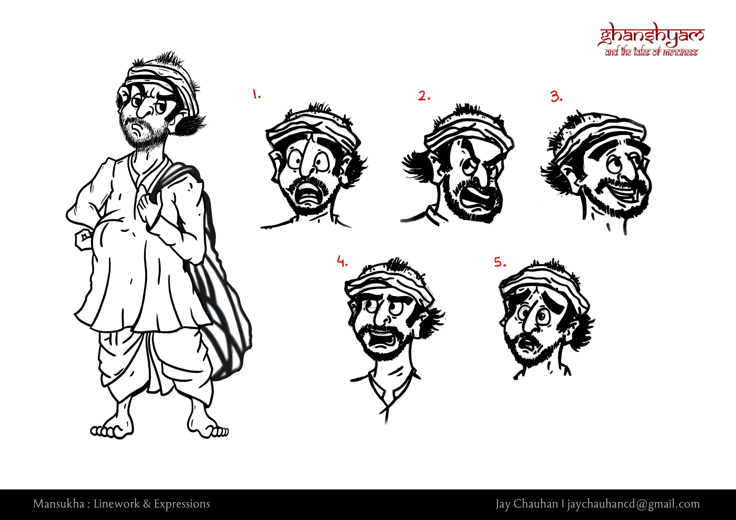 A black and white cartoon character of a man with a turban and traditional Indian clothing, standing with one hand on his chest and carrying a striped bag. To the right are five different facial expressions of the same man, each numbered from 1 to 5, depicting various emotions such as surprise, sadness, happiness, worry, and sadness again. The top right corner has the words 'Ghandhyam and the tales of merciless'. The bottom includes credits for the artist and contact information.