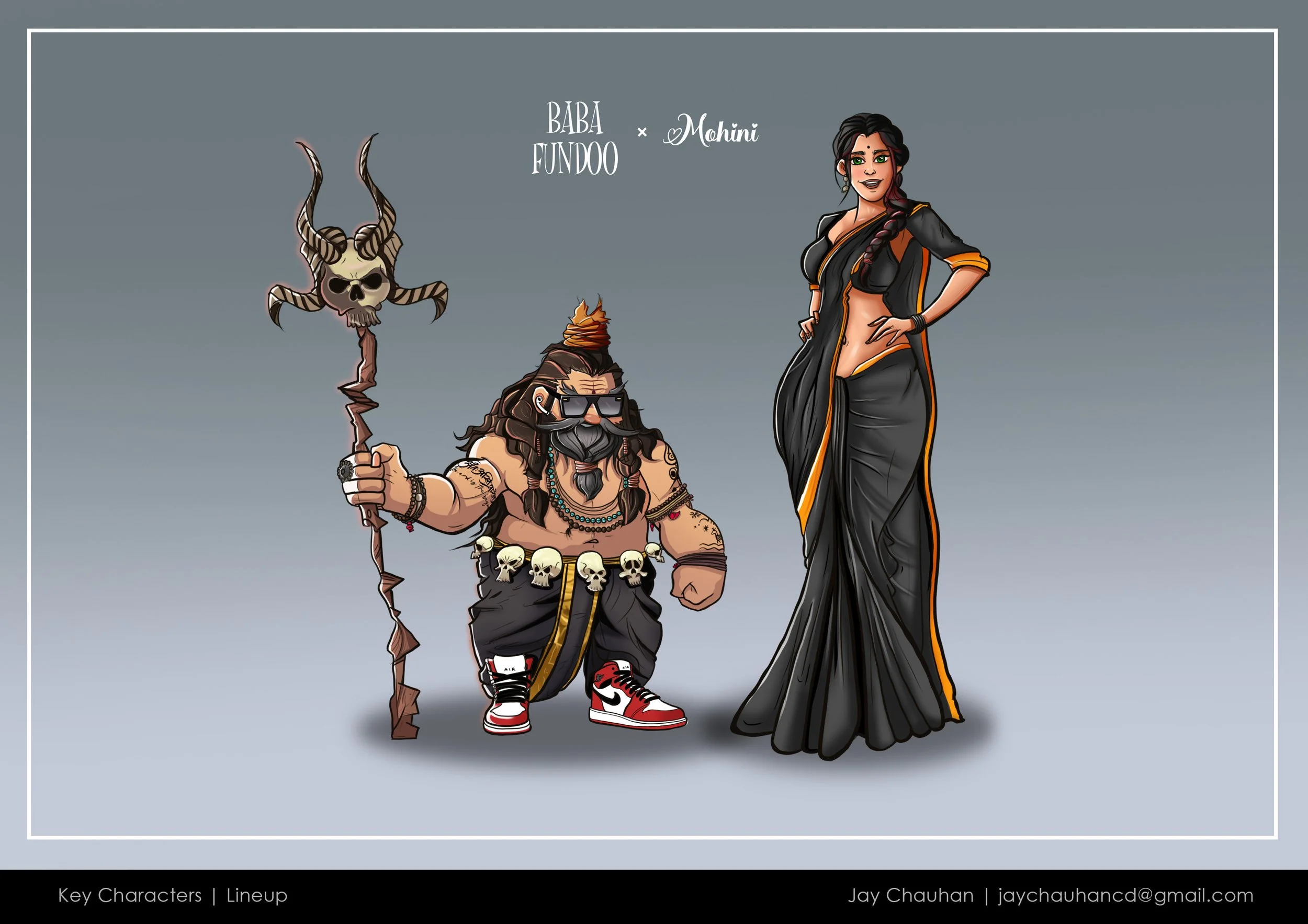 Digital illustration of two characters: a muscular man with tattoos, wearing sunglasses, a black skirt with skull embellishments, and red-and-white sneakers, holding a staff with a skull and horns; and a woman in a black sari with orange accents, with long dark hair in a braid, posing confidently.