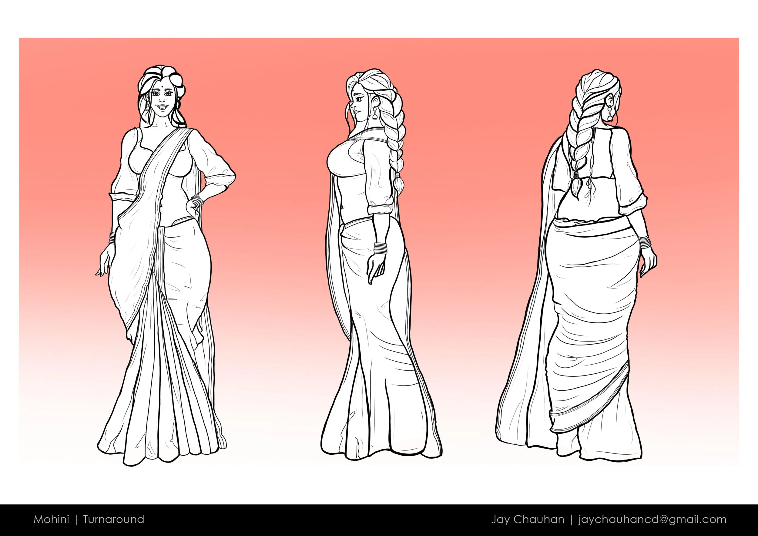 Black and white illustration of three women in traditional Indian sarees with Different side profiles, set against a pink background.