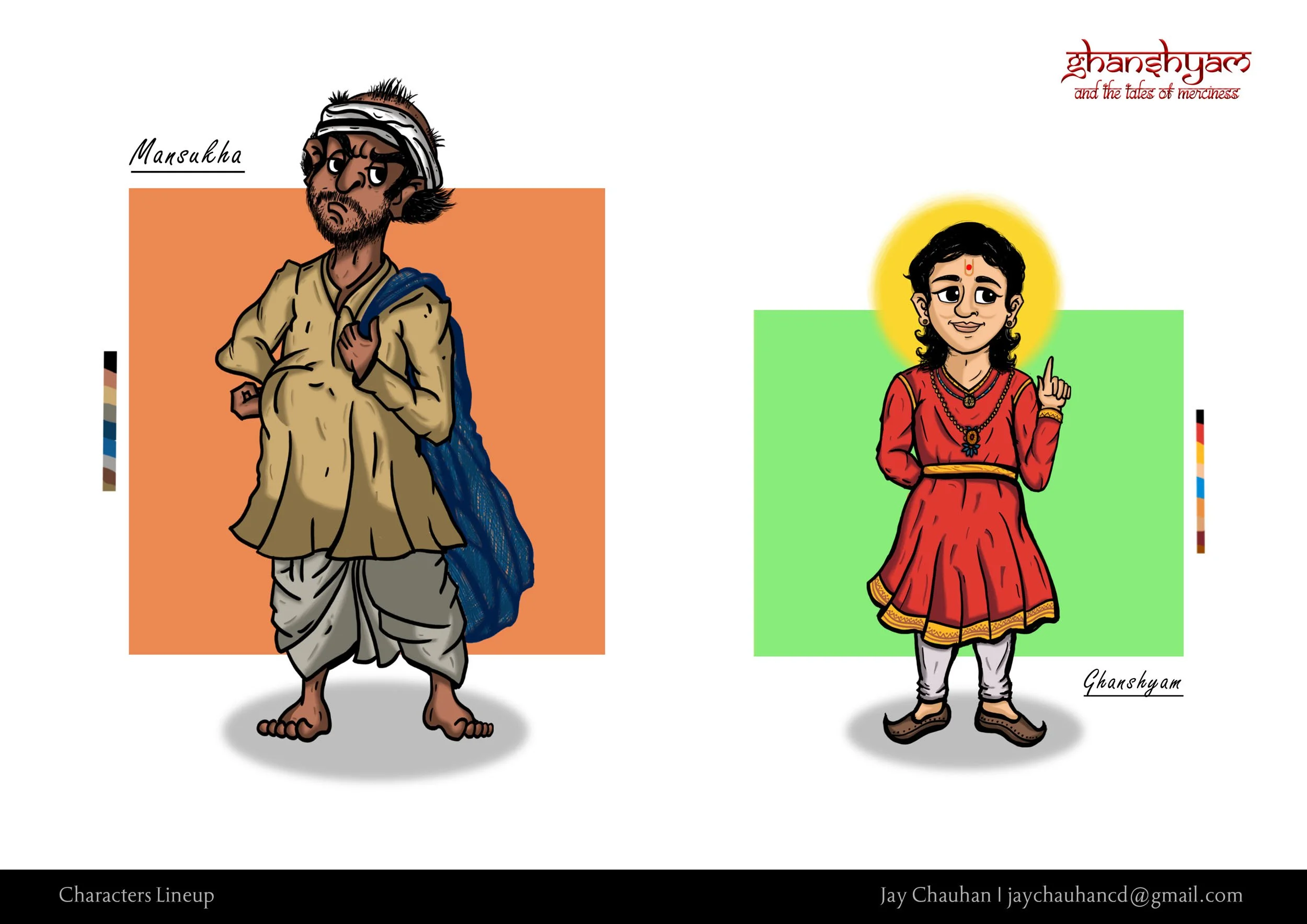 Digital illustrations of two characters, Mansukh, a man with a headband, traditional clothing, and a serious expression, on the left, and Ghanshyam, a young boy in a red traditional outfit with jewelry, smiling and holding up one finger, on the right. Backgrounds are colored squares, orange behind Mansukh and green behind Ghanshyam.