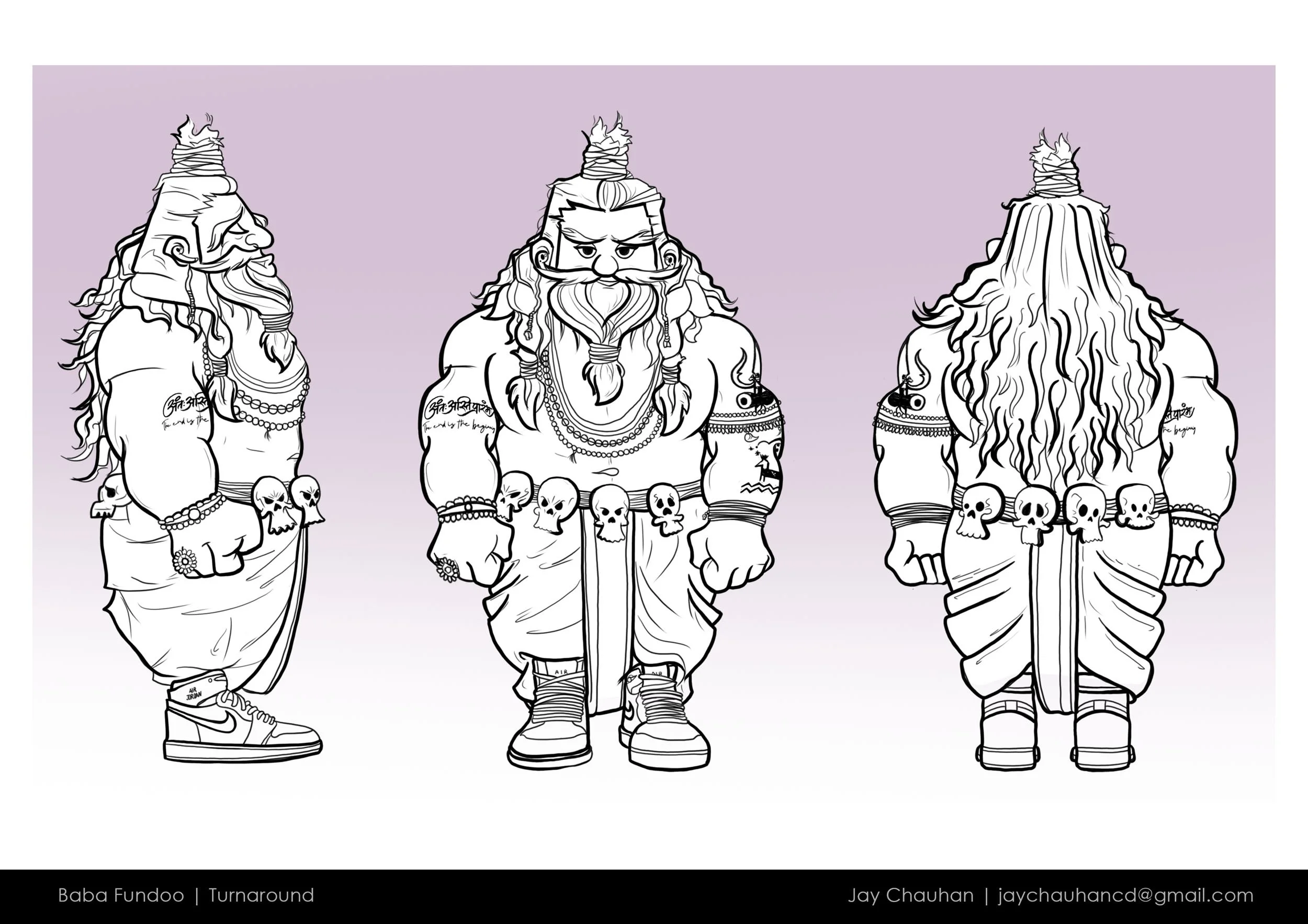 Black and white digital drawing of a character named Baba Fundoo, shown from three angles: left profile, front, and back. The character is a muscular, bearded figure with long hair and a topknot. He wears a loose skirt, sneakers, and various jewelry with skull motifs, including bracelets, a belt, and necklaces.