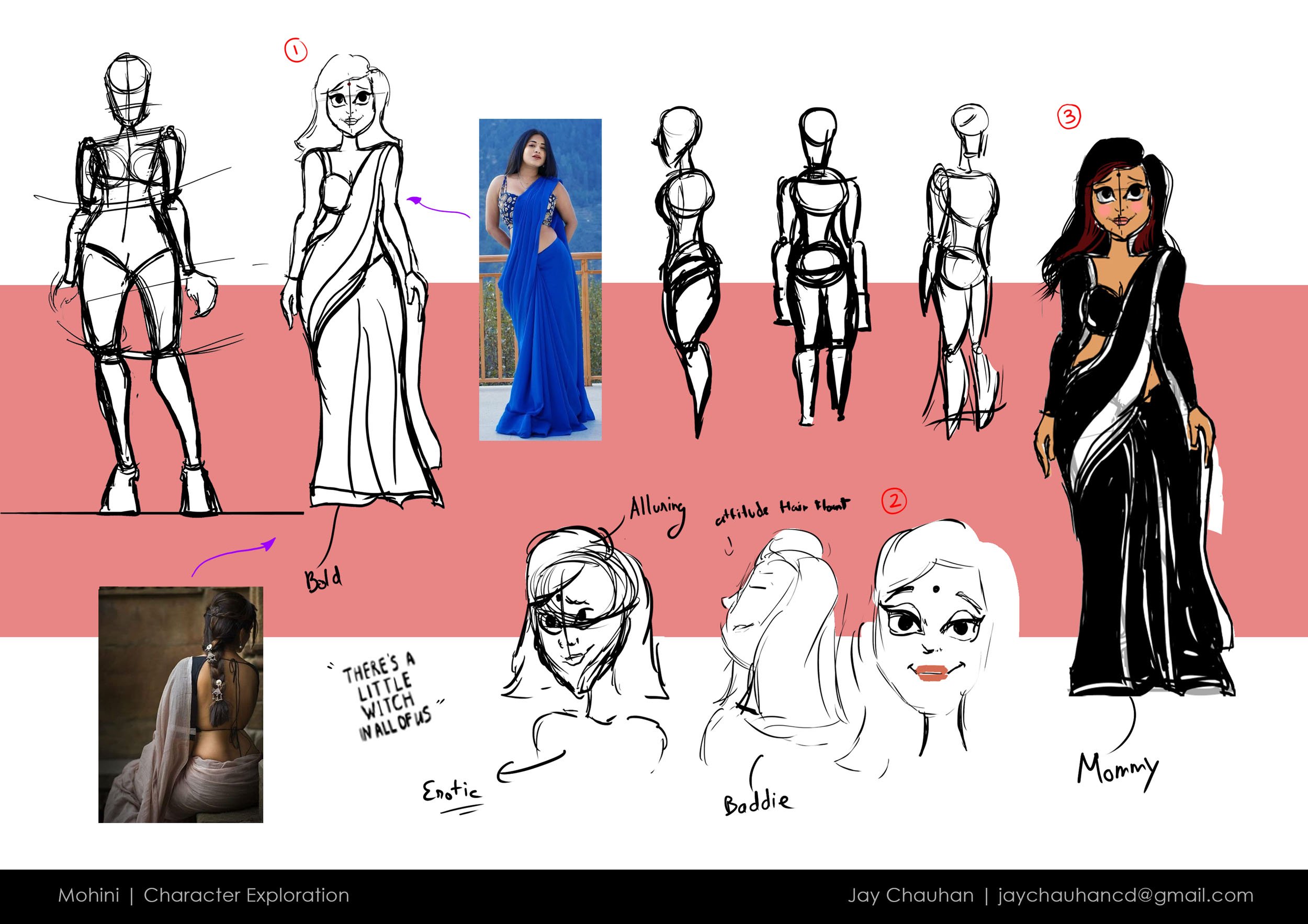 A series of rough sketches and illustrations showing the process of designing a character inspired by a photograph of a woman in a blue sari. The drawings include frontal and back views, with notes about style and attitude, and additional facial sketches labeled 'enotic,' 'baddie,' and 'mommy.' There is a photograph of a woman in a blue sari, a smaller photo of a woman with a braided hairstyle, and handwritten notes about hair attitude and character traits.