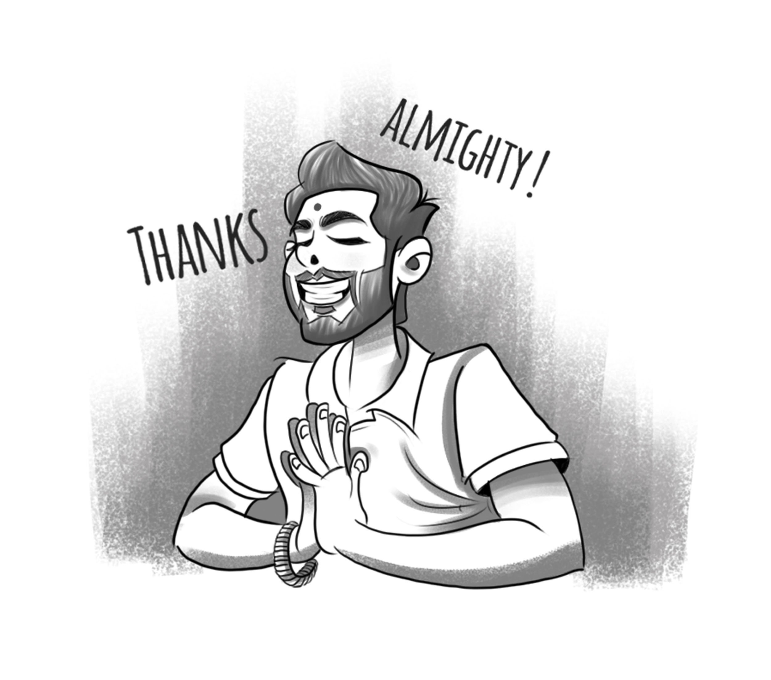 A black and white cartoon illustration of a man with a beard and styled hair, smiling with eyes closed, holding his hands together in a prayer position on his chest. He is wearing a t-shirt and a wristband. The words 'Thanks' and 'Almighty!' are floating around him.