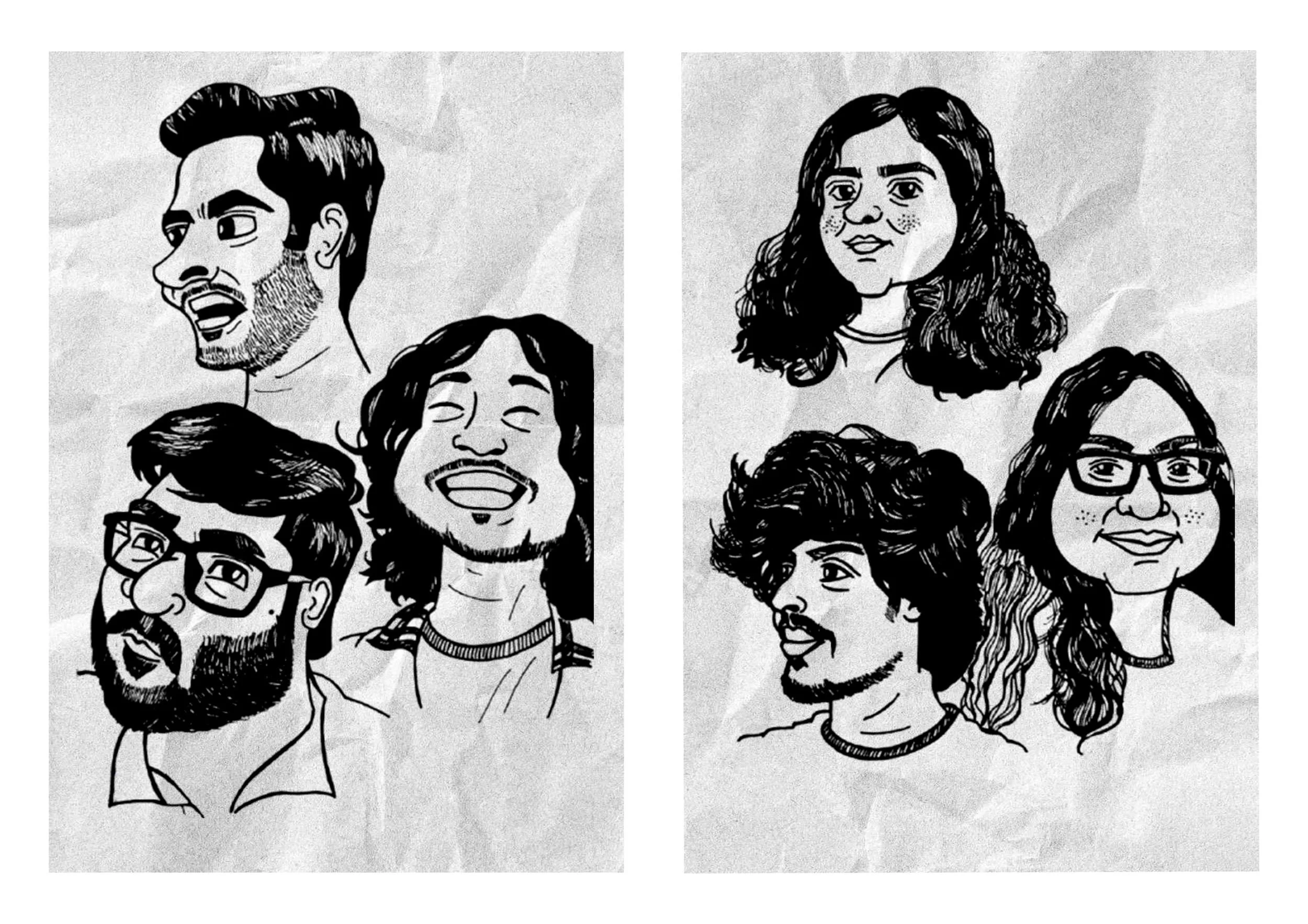 Black and white cartoon-style sketches of six diverse smiling people, grouped into two sections, four on the left and three on the right.