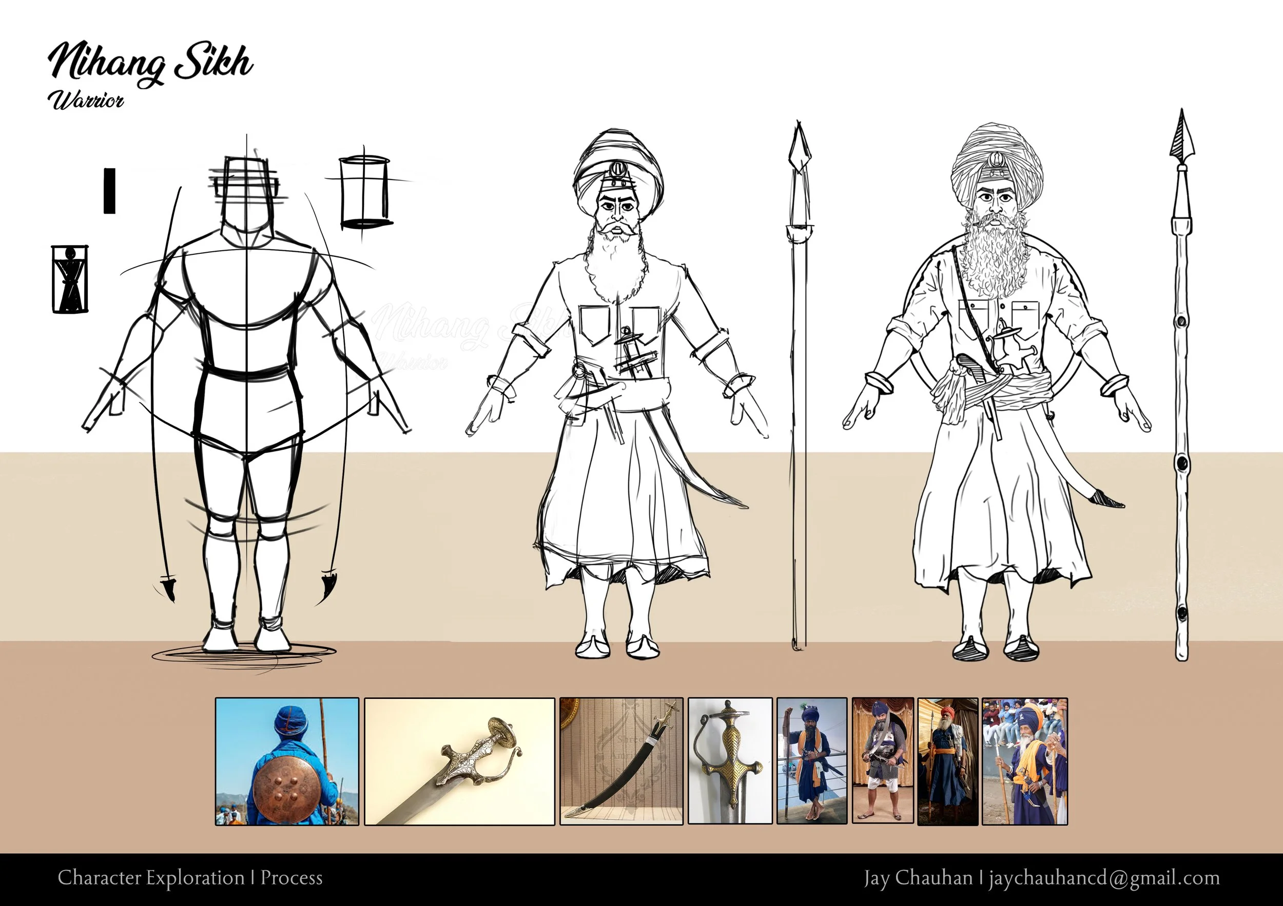 Sketches of a Sikh warrior character with detailed costume and weapon concepts, including armor, turban, and spear, alongside reference images of historical Sikh warriors and weapons.