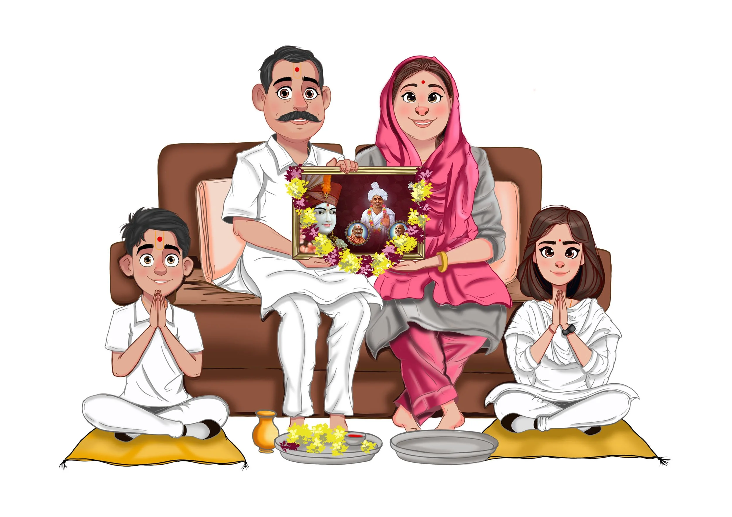 An Indian family celebrating a religious tradition, holding a framed photo of their ancestors, with offerings and flowers in front, sitting on a sofa and floor cushions.