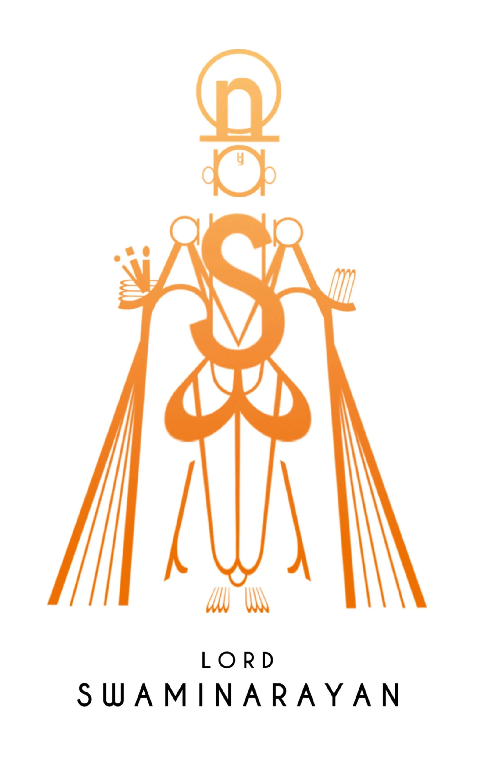 Digital illustration of Lord Swaminarayan, with stylized orange line art symbols and geometric shapes representing spiritual elements.