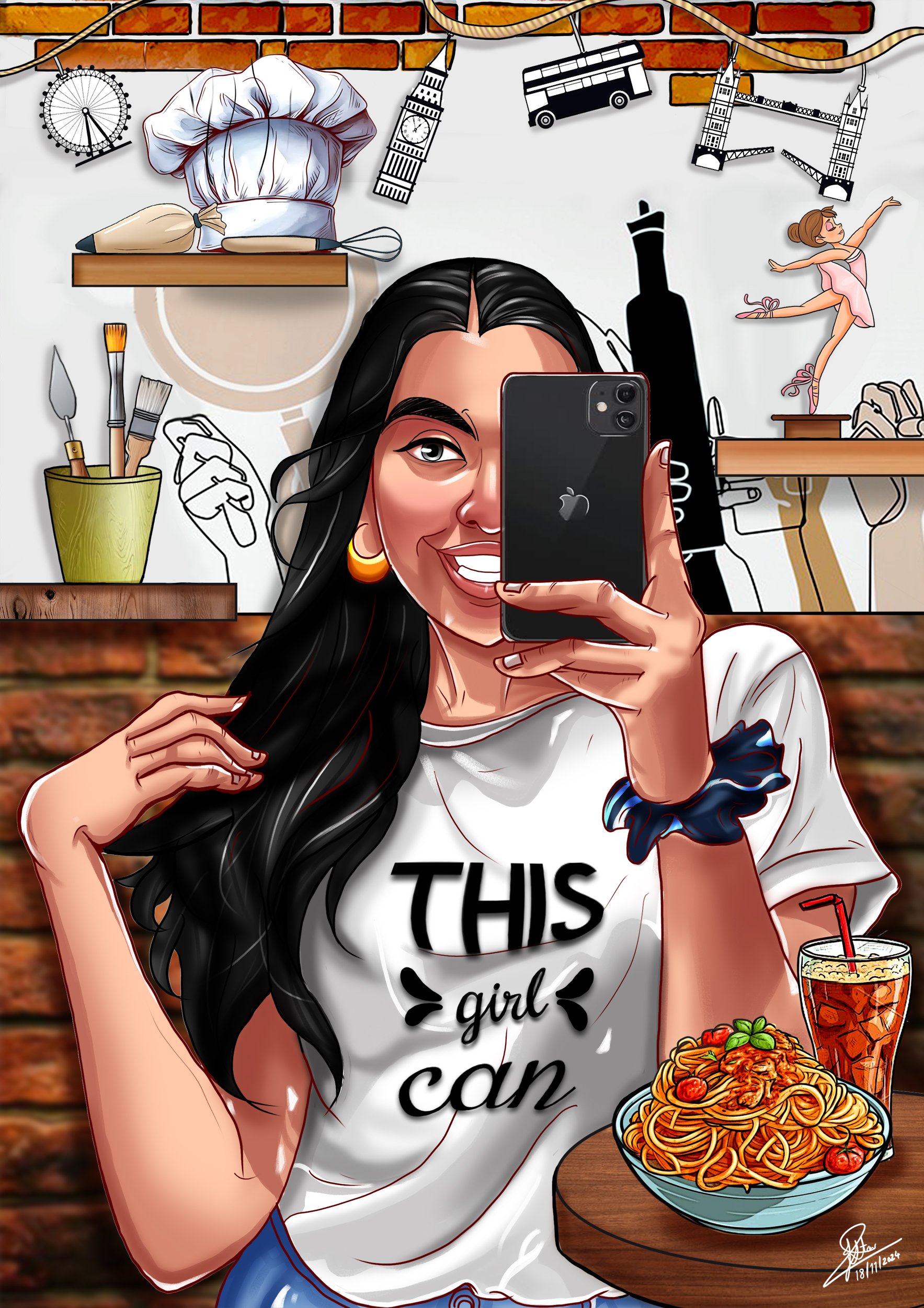 A young woman with long dark hair taking a selfie with her smartphone in a cozy restaurant or cafe. She is smiling and wearing a white t-shirt that says "THIS girl can." On the table in front of her is a bowl of spaghetti with cherry tomatoes and basil, and a glass of iced tea. The background features a brick wall and various decorations including sketches of well-known landmarks, art supplies, and small figurines.