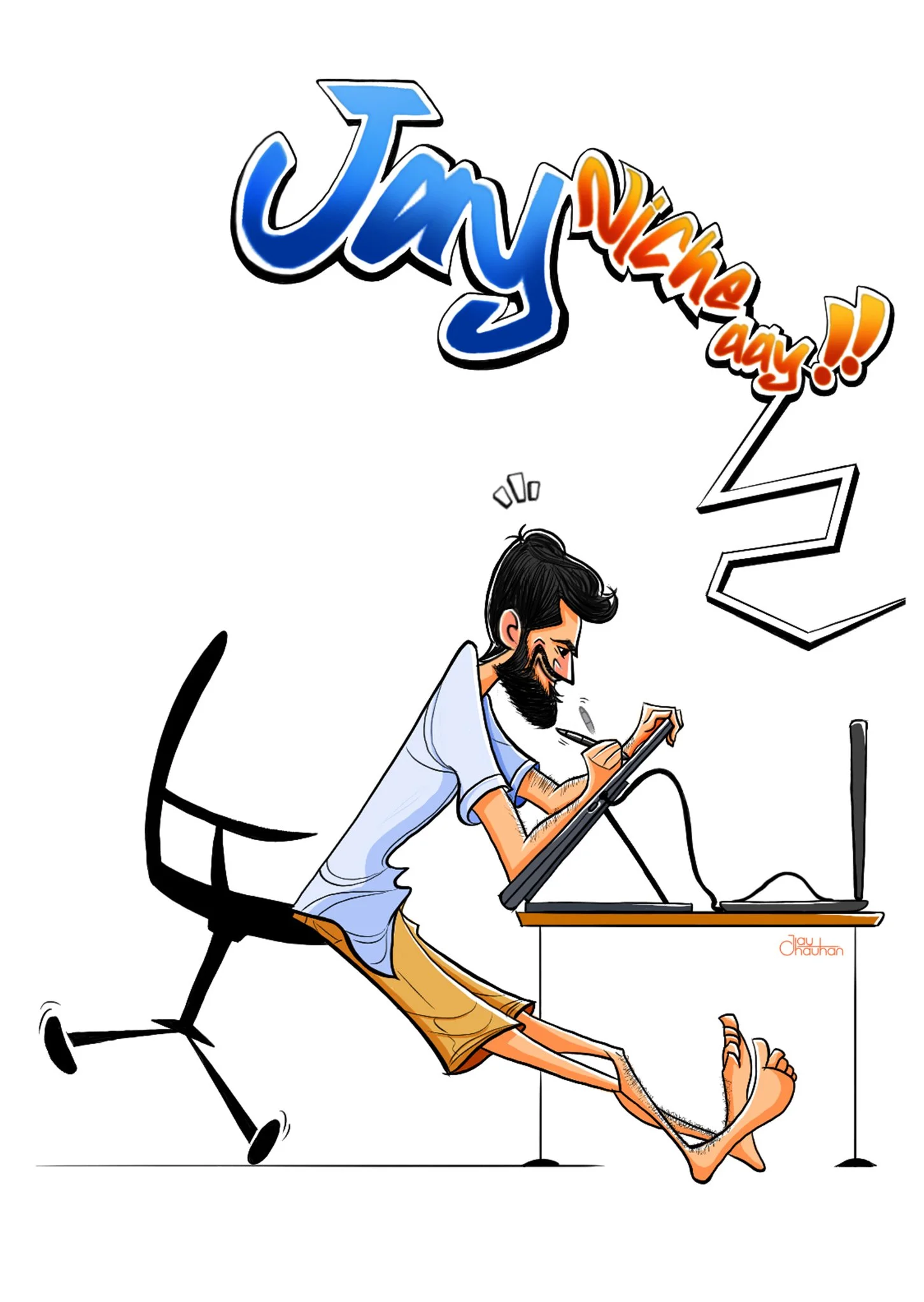A cartoon man with a beard sitting at a desk with a computer, smiling and writing on a tablet. Above him, colorful text says "Joy" and "Vicky way!!"